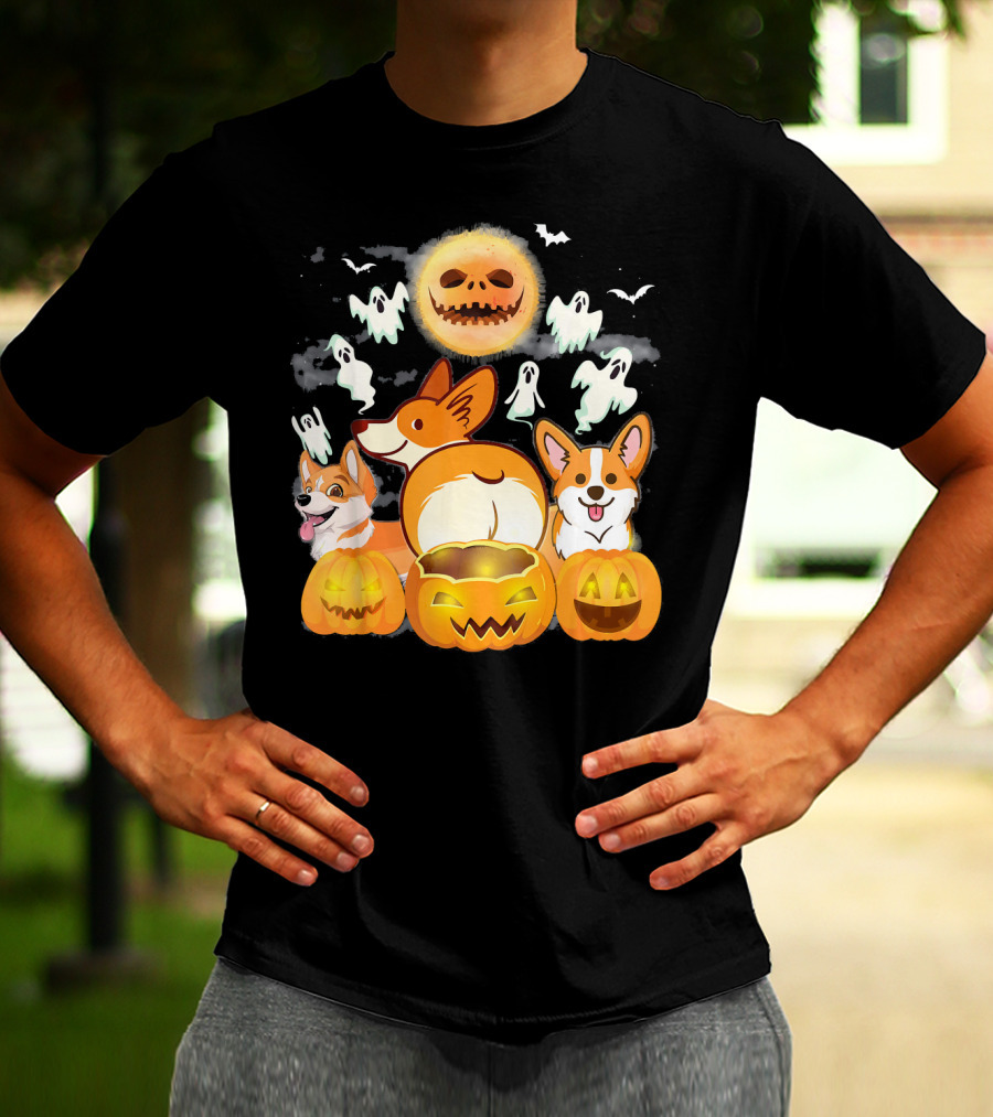 Welsh Corgi Cardigans Pumpkin Ghosts Halloween Team With Spooky Bats T-Shirt