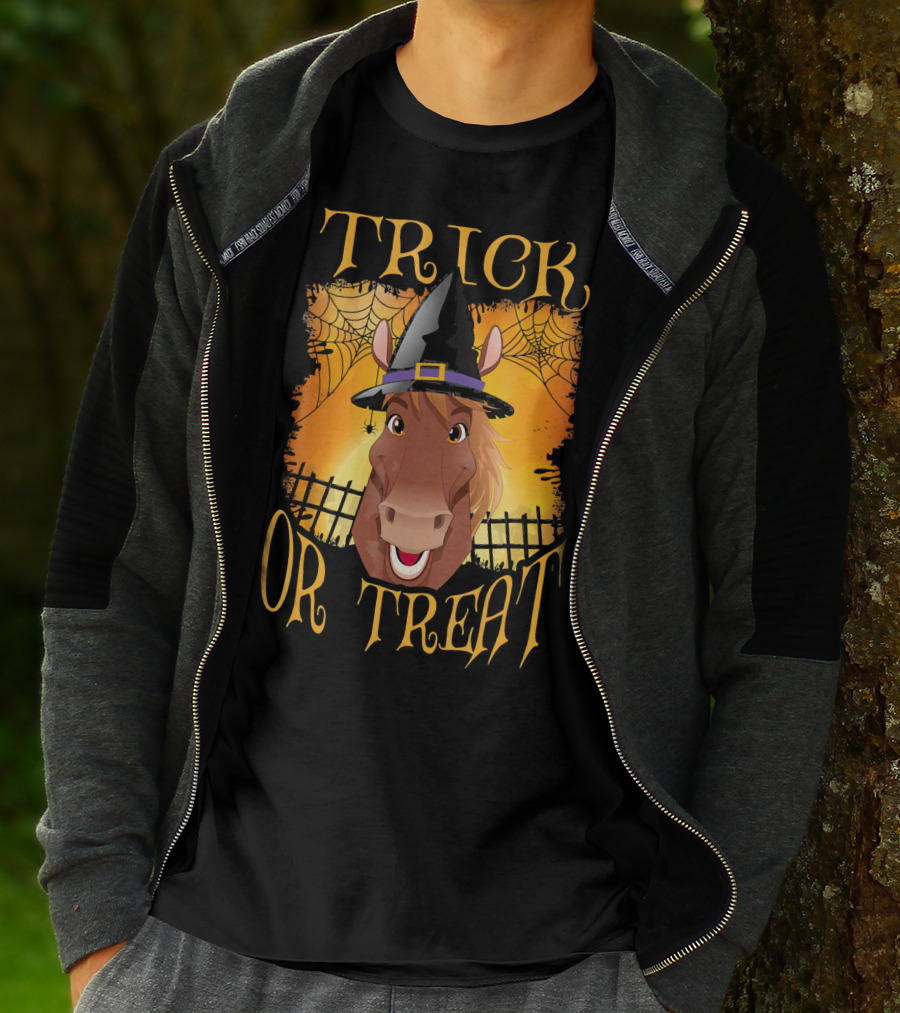 Trick Or Treat Horse With Witch Hat And Spider Web T-Shirt