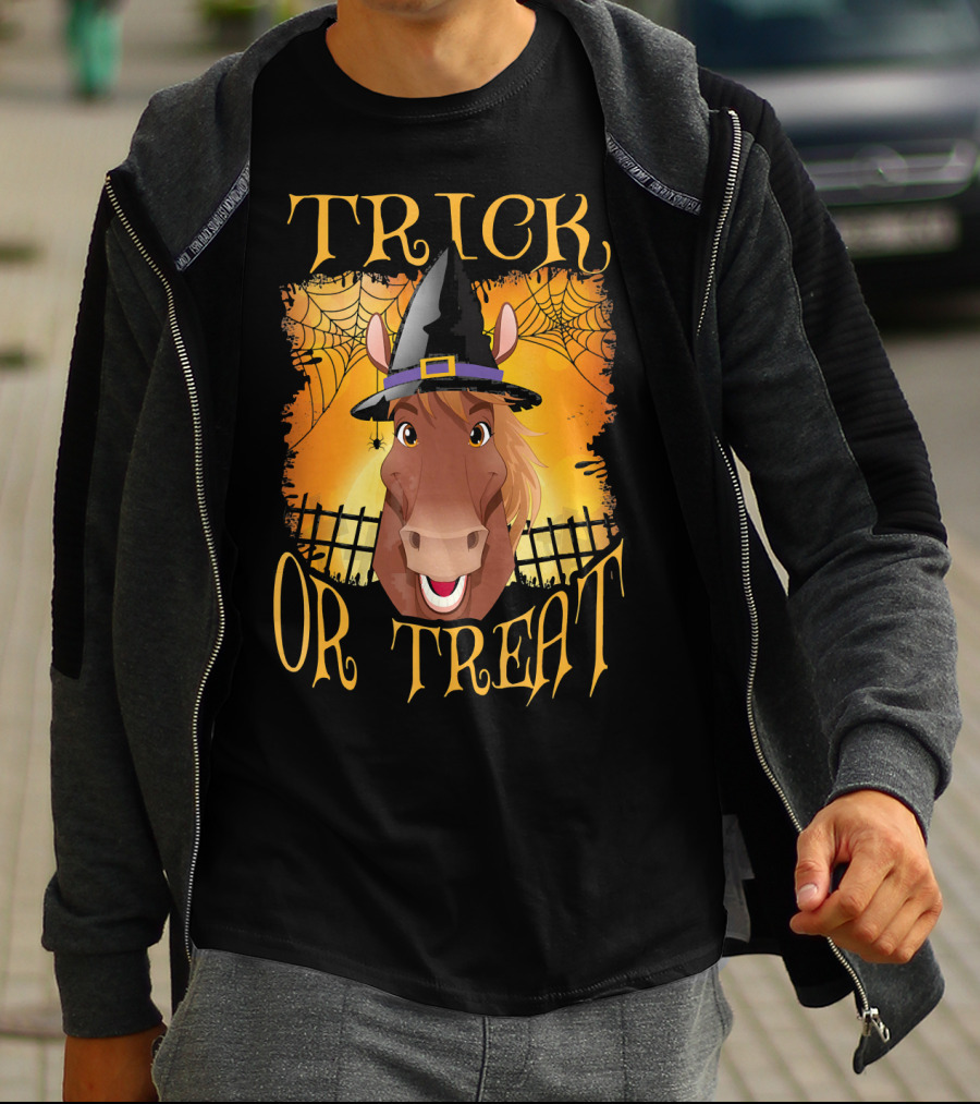 Trick Or Treat Horse With Witch Hat And Spider Web T-Shirt