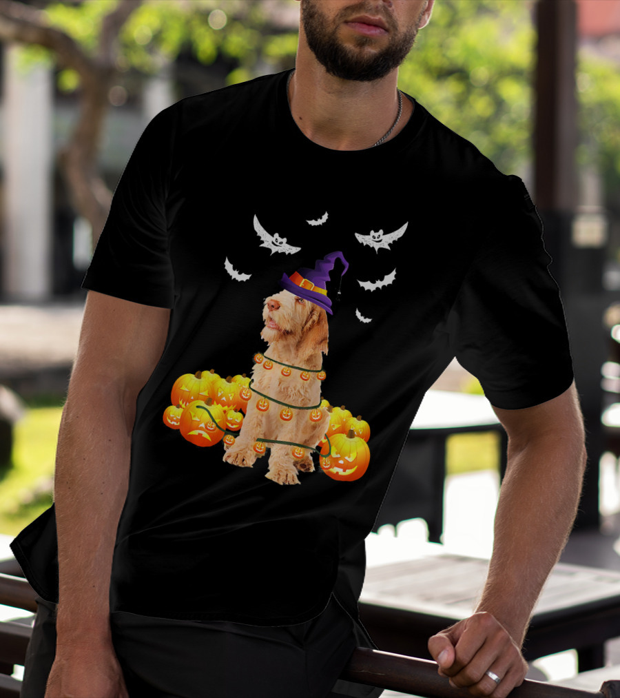 Spinone Italiano Dog Halloween Pumpkin Lights And Bats T-Shirt