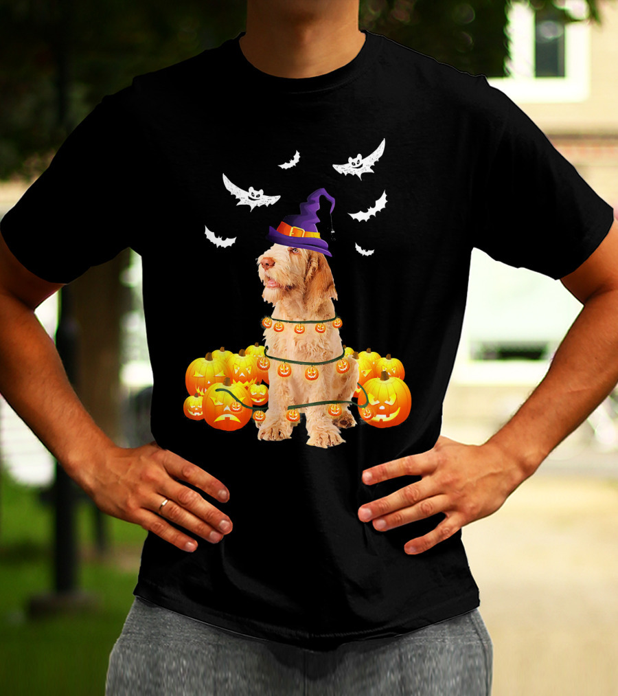 Spinone Italiano Dog Halloween Pumpkin Lights And Bats T-Shirt