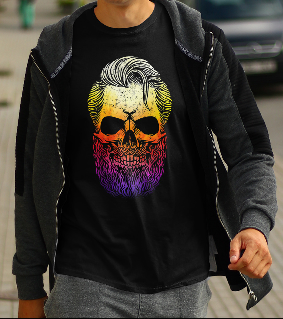 Creepy Bearded Skull With Colorful Gradient For Halloween And Ske T-Shirt