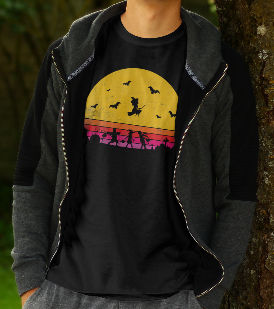 Horror Halloween Sunset Witch Bats Vintage T-Shirt