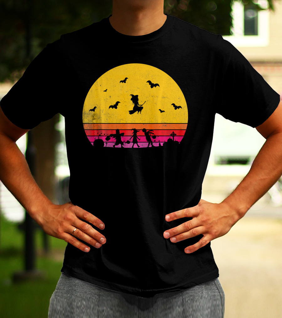 Horror Halloween Sunset Witch Bats Vintage T-Shirt