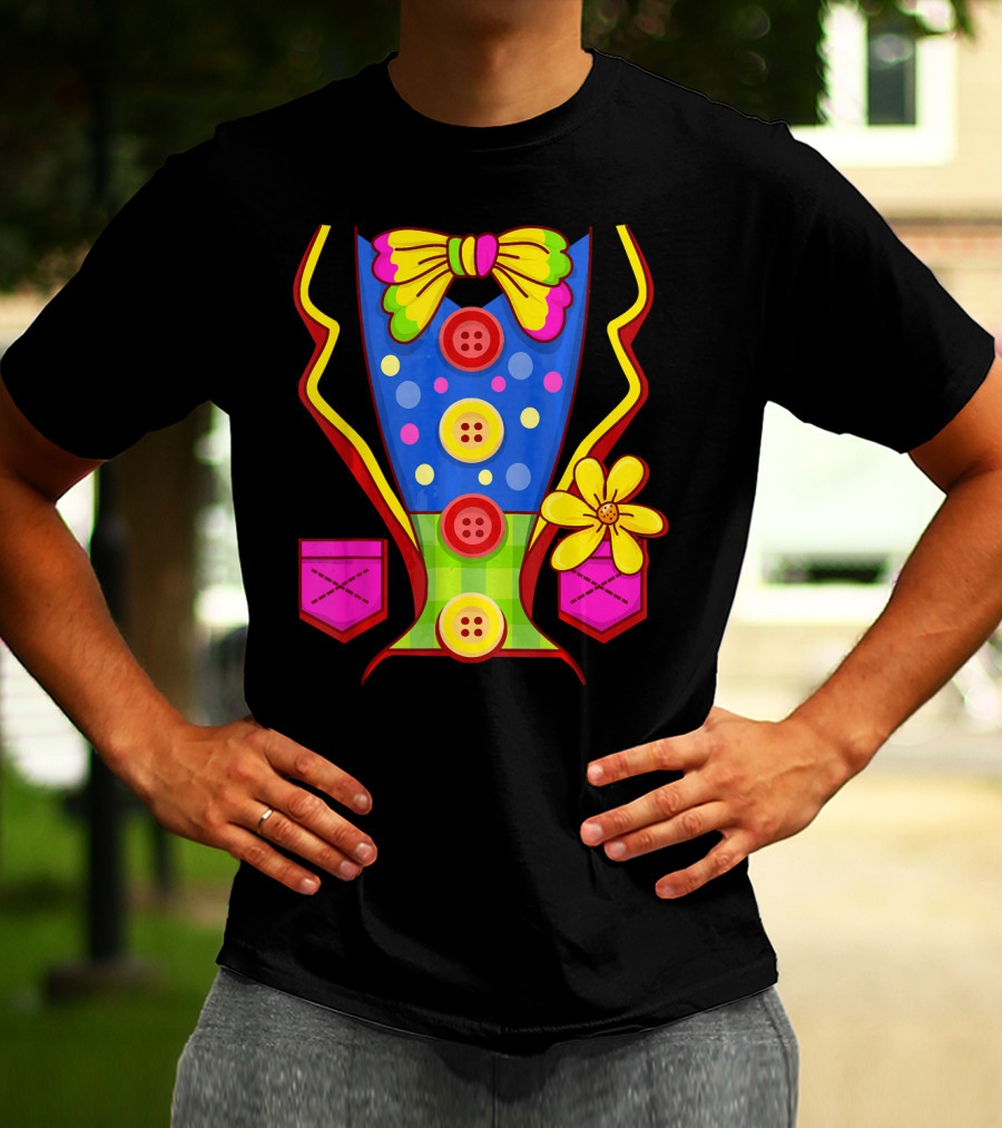 Clown Colorful Bow Tie And Buttons Outfit With Flower Pockets T-Shirt