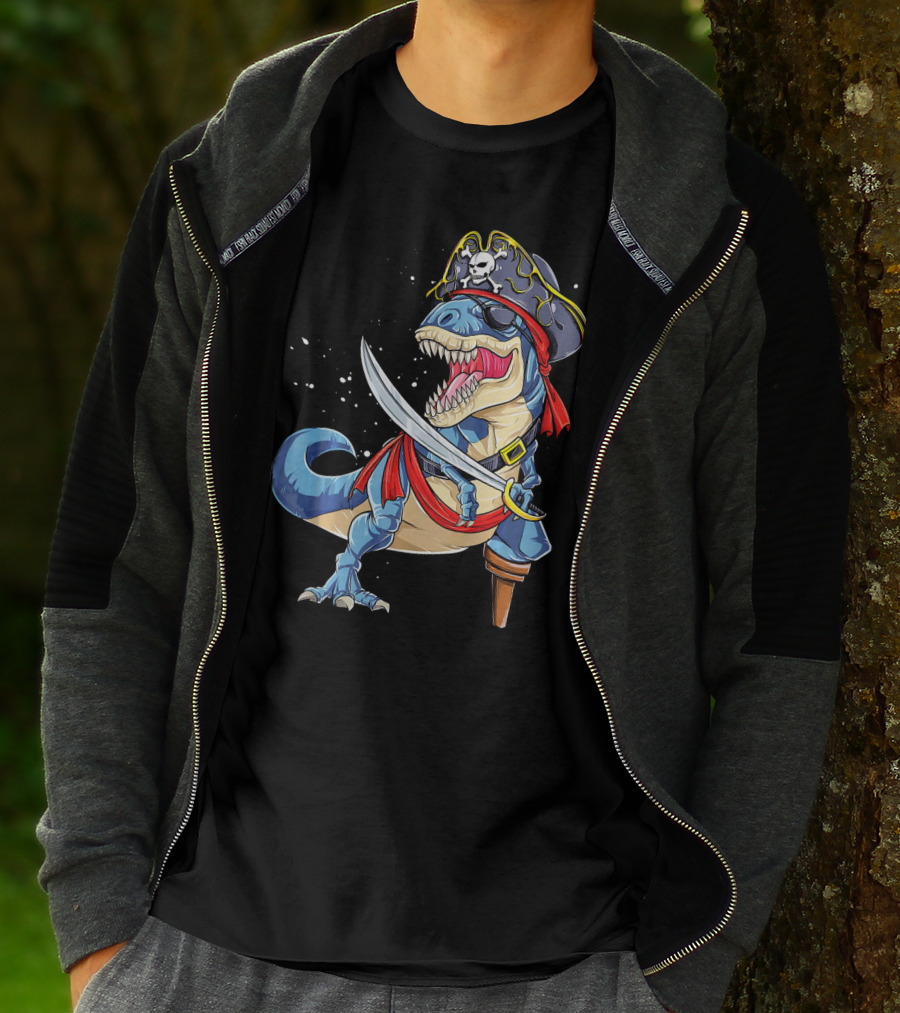 T-Rex Pirate Jolly Roger Dinosaur With Peg Leg And Sword T-Shirt