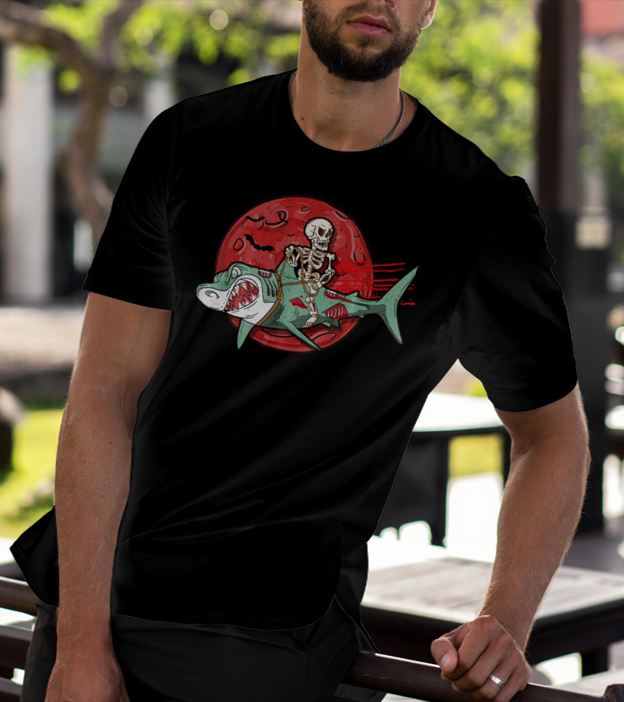 Skeleton Riding Shark Zombie With Red Moon And Bats T-Shirt