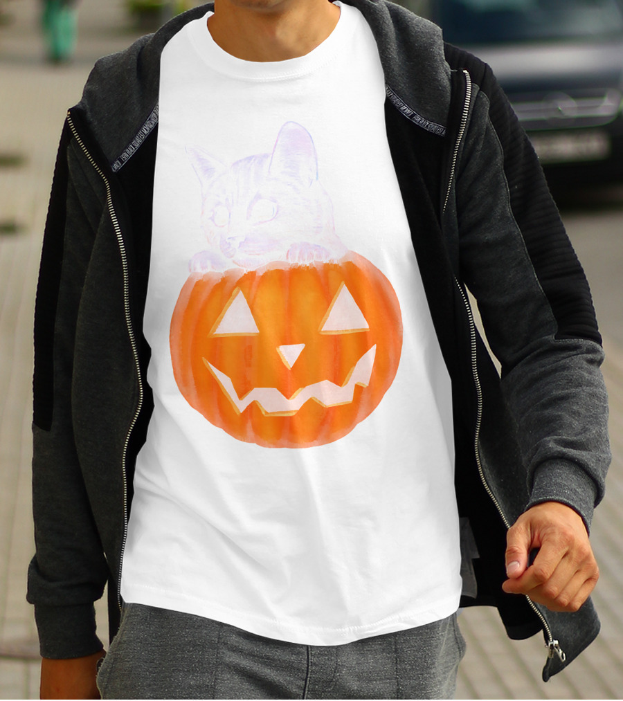 Kitten Peeking From Jack-O'-Lantern Pumpkin Halloween T-Shirt