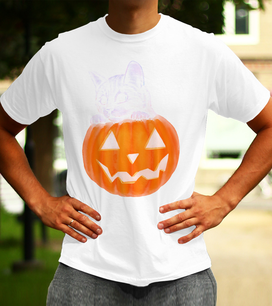 Kitten Peeking From Jack-O'-Lantern Pumpkin Halloween T-Shirt