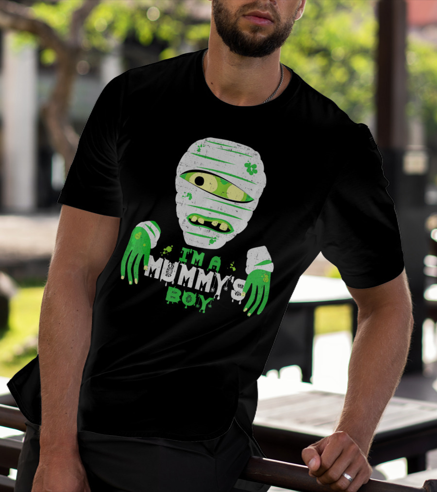 Creepy I'm A Mummy's Boy Green Cartoon Mummy Face And Hands T-Shirt