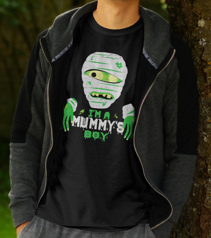 Creepy I'm A Mummy's Boy Green Cartoon Mummy Face And Hands T-Shirt