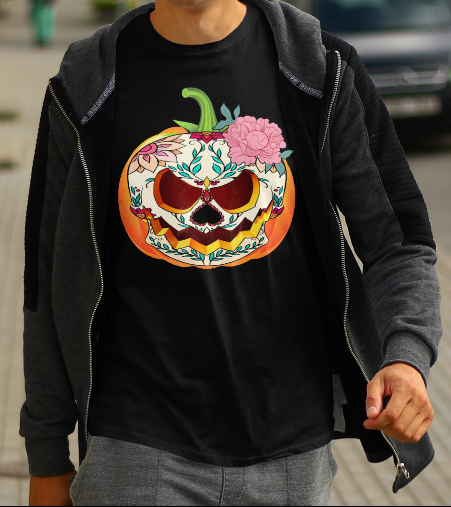 Day Of The Dead Pumpkin Sugar Skull With Floral T-Shirt