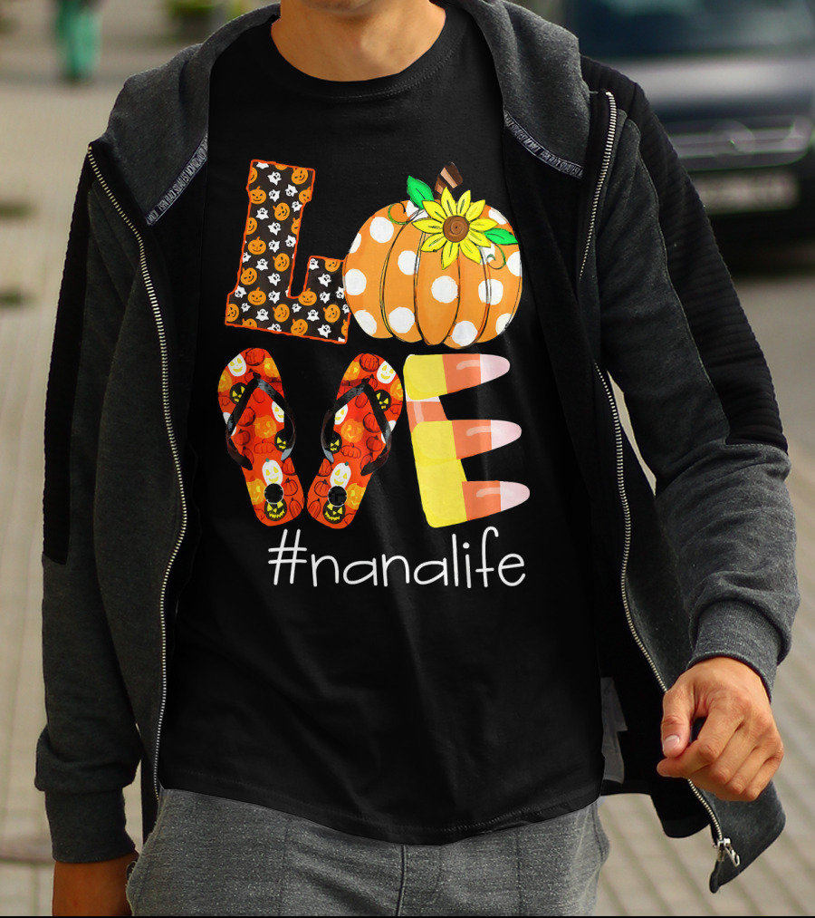 Nanalife Funny Love Pumpkin Flip Flops Halloween Candy Corn And Sunflower T-Shirt