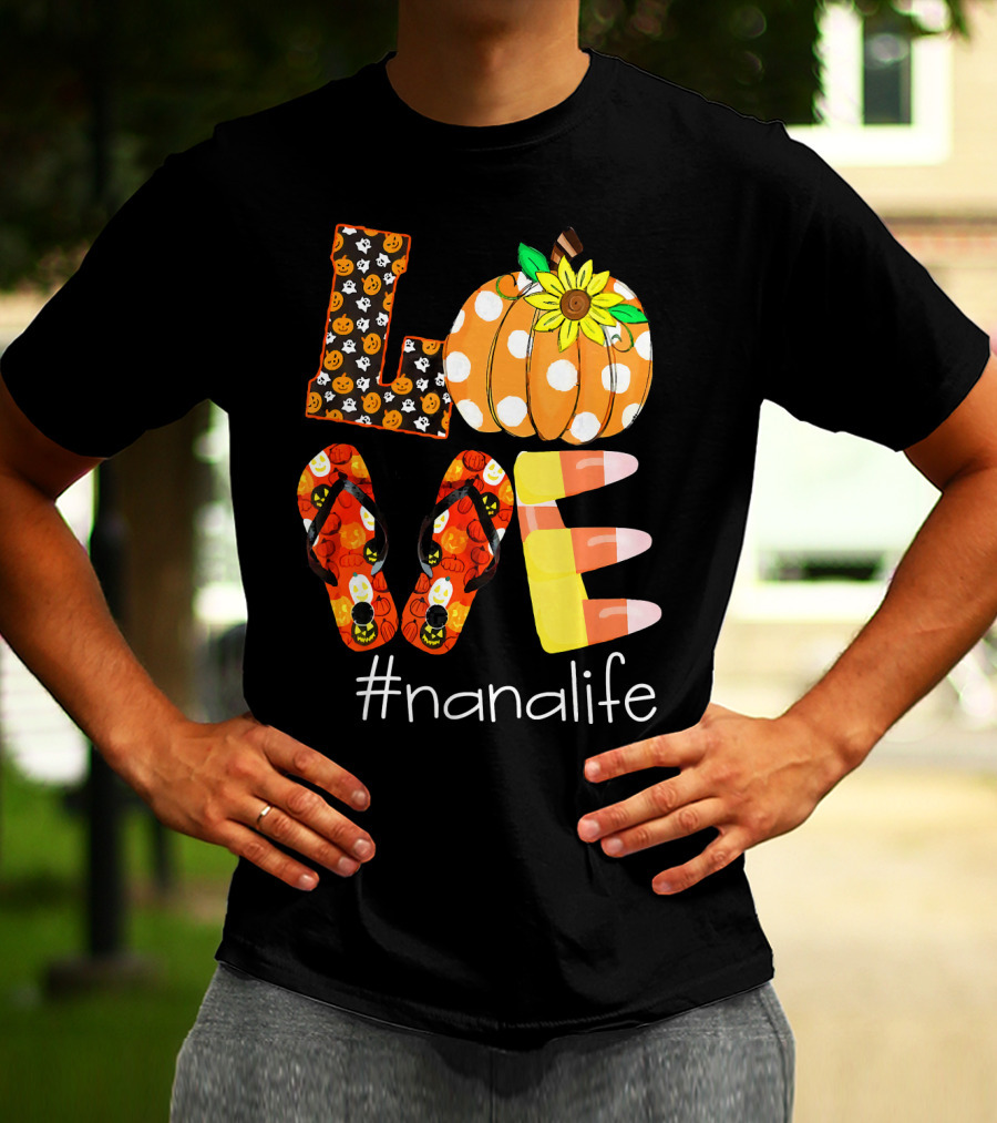 Nanalife Funny Love Pumpkin Flip Flops Halloween Candy Corn And Sunflower T-Shirt
