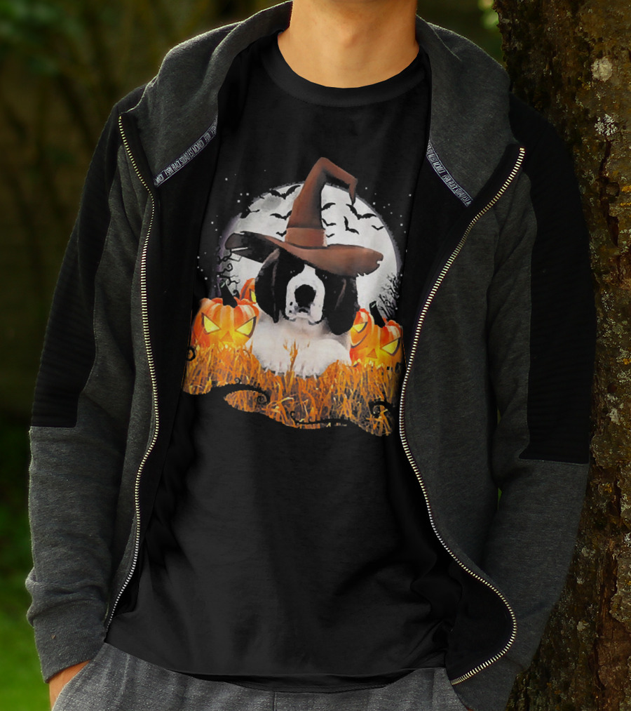Cute Saint Bernard Dog Witch With Pumpkins And Full Moon T-Shirt