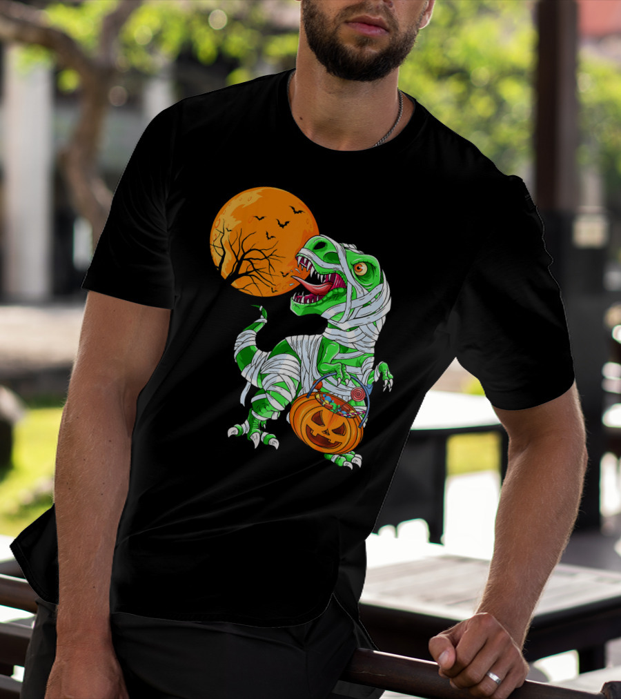Halloween Mummy T Rex With Pumpkin Candy Under Full Moon T-Shirt