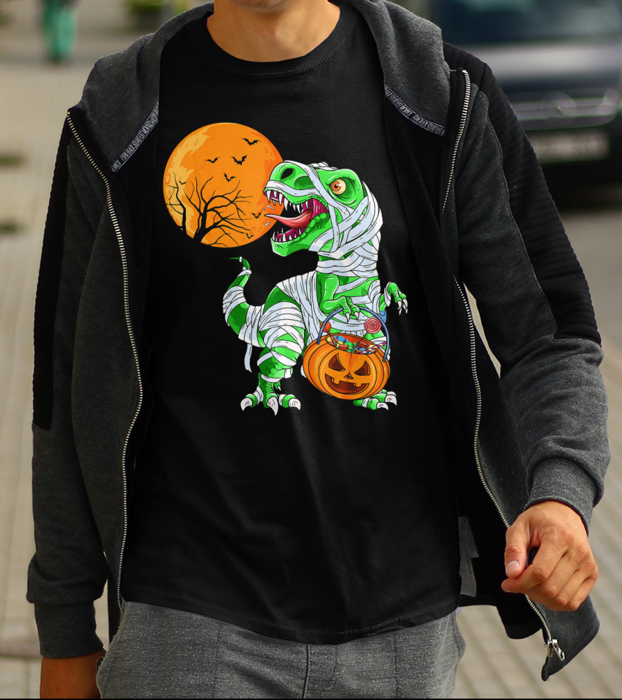 Halloween Mummy T Rex With Pumpkin Candy Under Full Moon T-Shirt