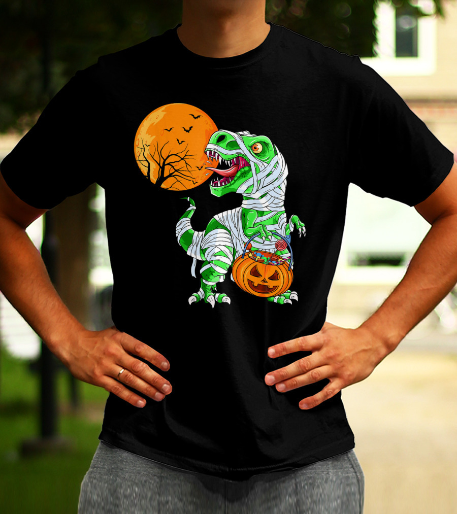 Halloween Mummy T Rex With Pumpkin Candy Under Full Moon T-Shirt
