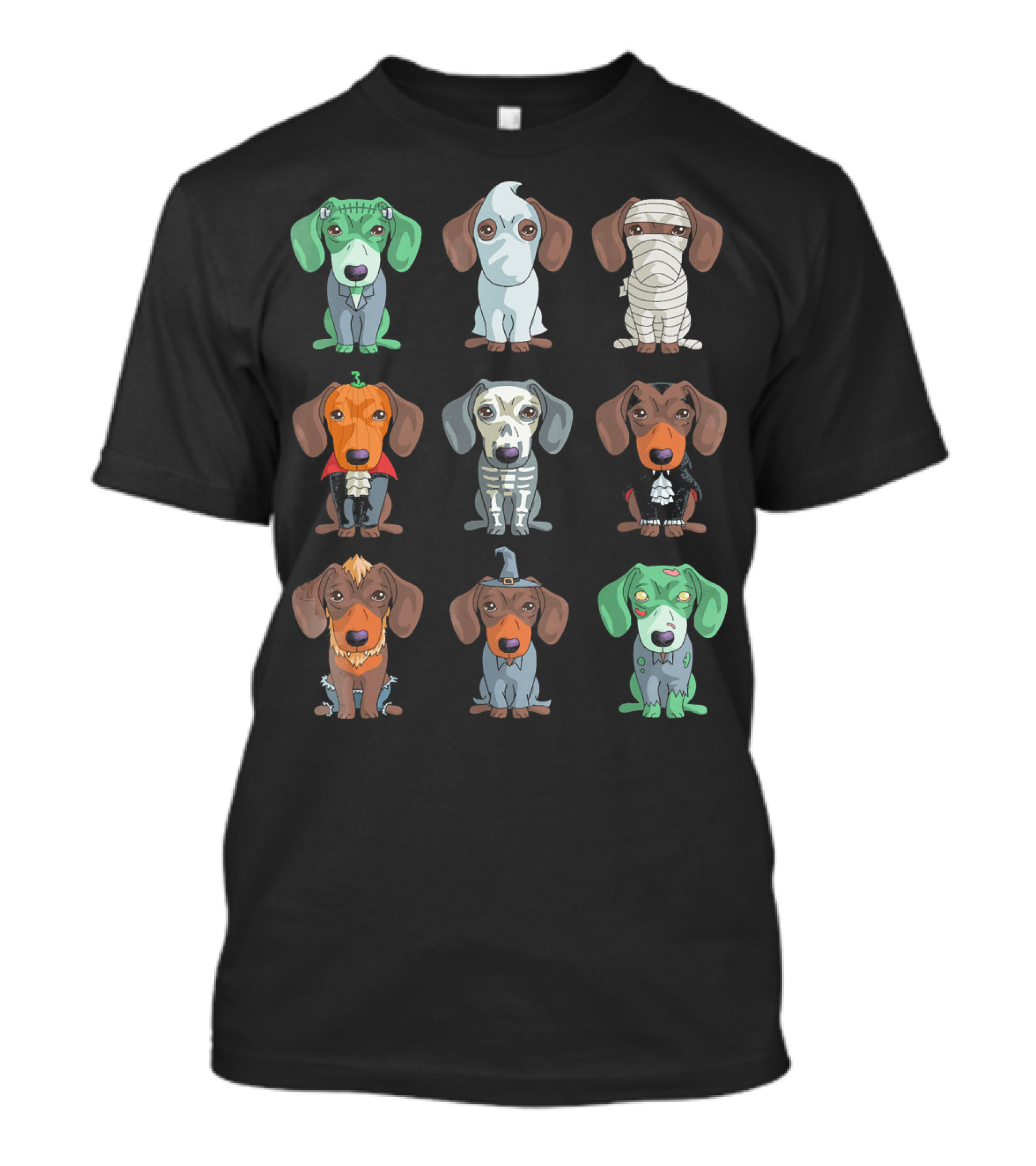 Dachshund Halloween Funny Weiner Frankenstein Ghost Mummy Pumpkin Skeleton Vampire Wizard Zombie Monster T-Shirt