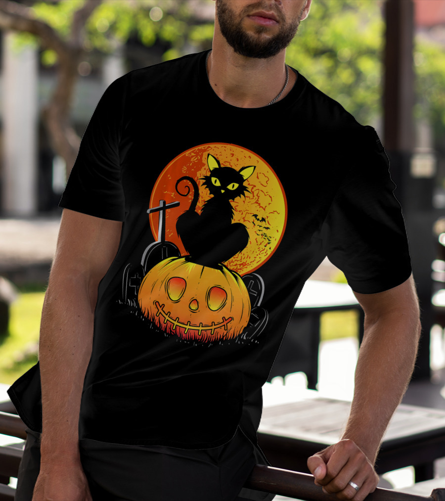Halloween Black Cat On Pumpkin With Full Moon And Graveyard T-Shirt