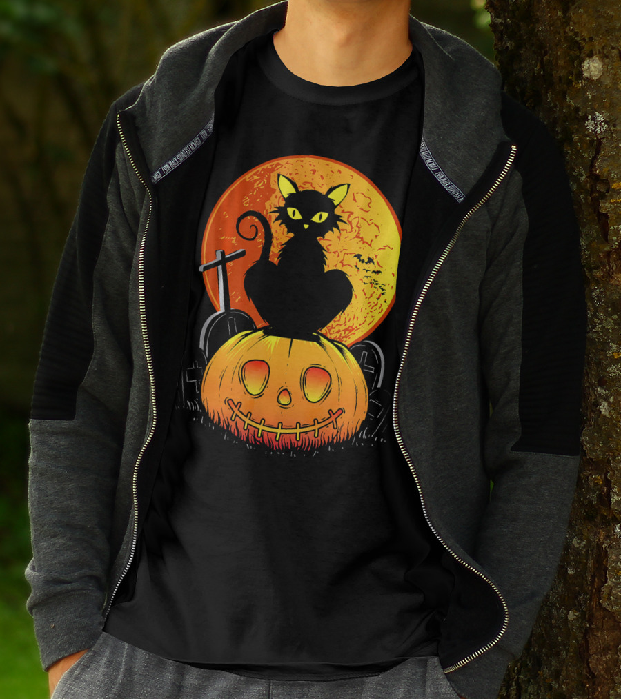 Halloween Black Cat On Pumpkin With Full Moon And Graveyard T-Shirt