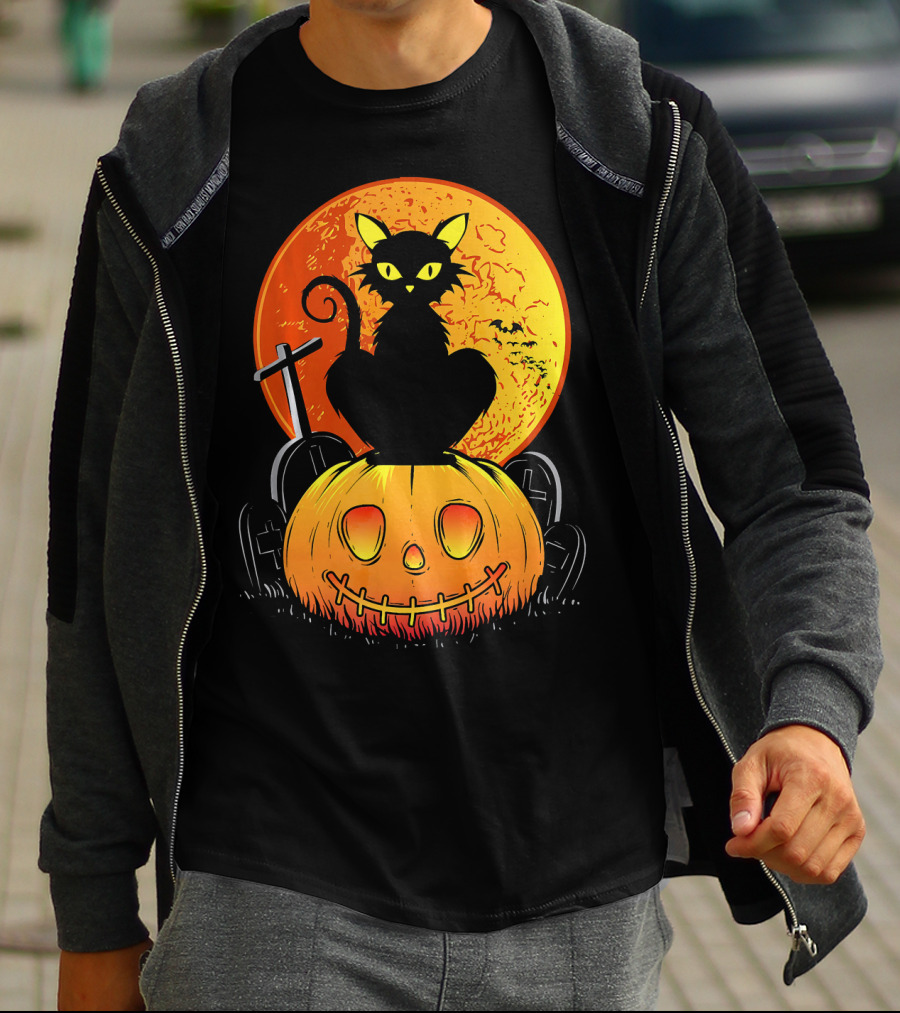 Halloween Black Cat On Pumpkin With Full Moon And Graveyard T-Shirt