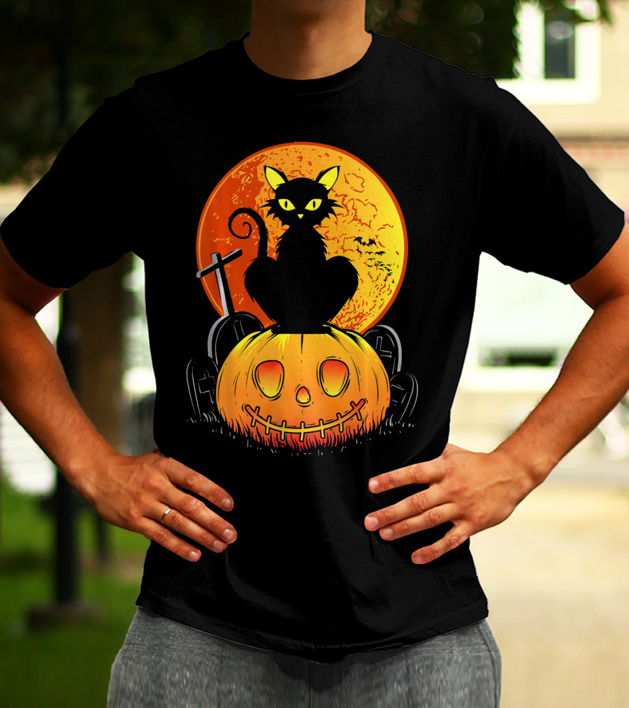 Halloween Black Cat On Pumpkin With Full Moon And Graveyard T-Shirt