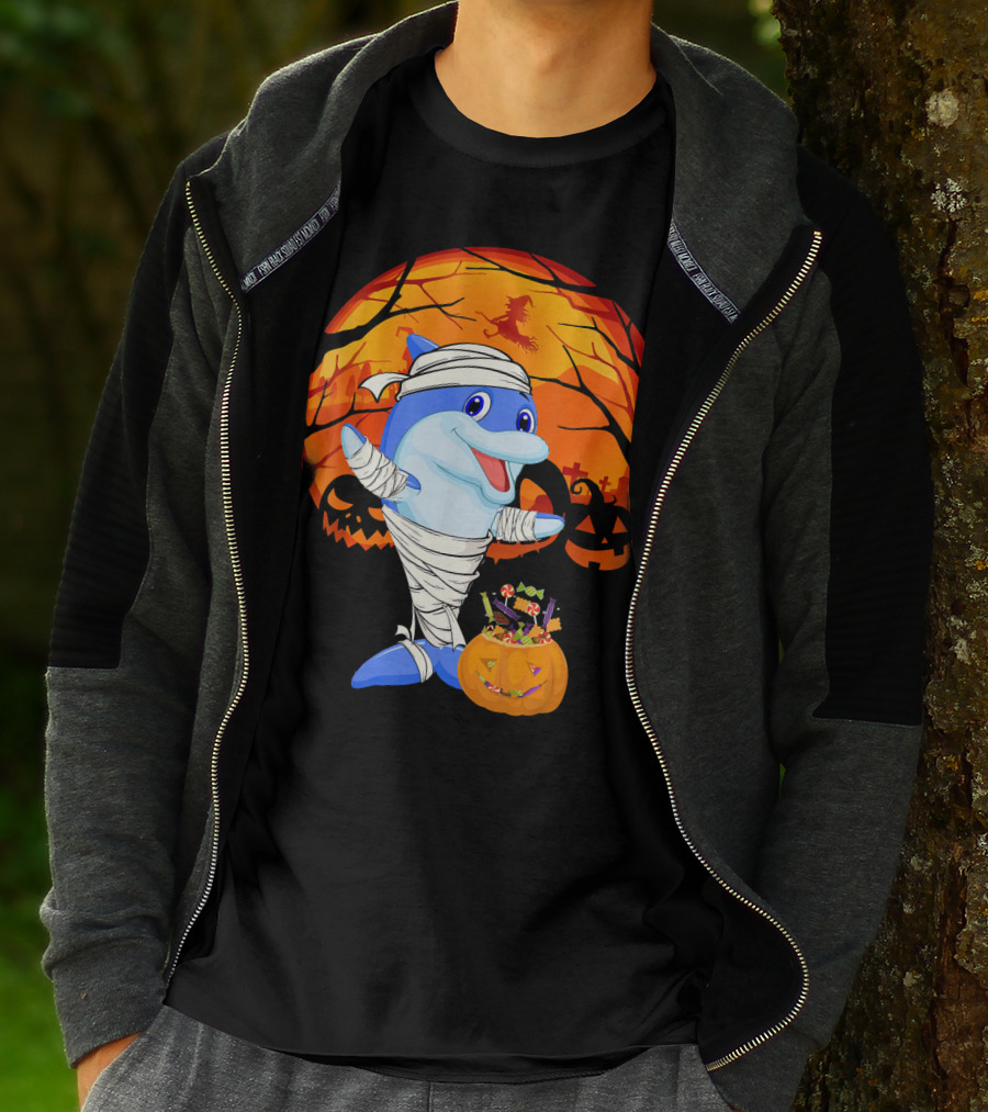 Halloween Dolphin Mummy With Candy Pumpkin And Witch Full Moon T-Shirt