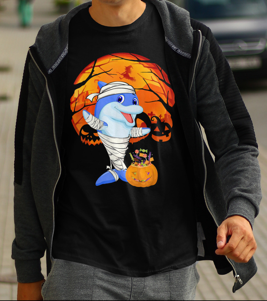 Halloween Dolphin Mummy With Candy Pumpkin And Witch Full Moon T-Shirt