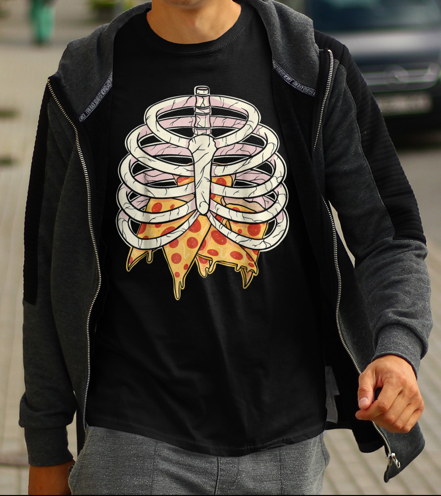 Skeleton Ribcage Pizza Slice Zombie Hall T-Shirt