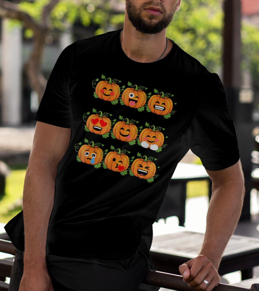 Pumpkin Emoji Faces Smiling Laughing Heart Eyes Winking Funny Expressions T-Shirt