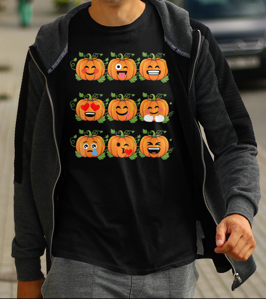 Pumpkin Emoji Faces Smiling Laughing Heart Eyes Winking Funny Expressions T-Shirt