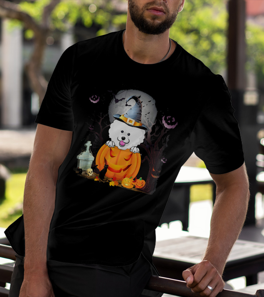 Bichon Frise Dog In Witch Hat With Halloween Pumpkin And Black Cat T-Shirt