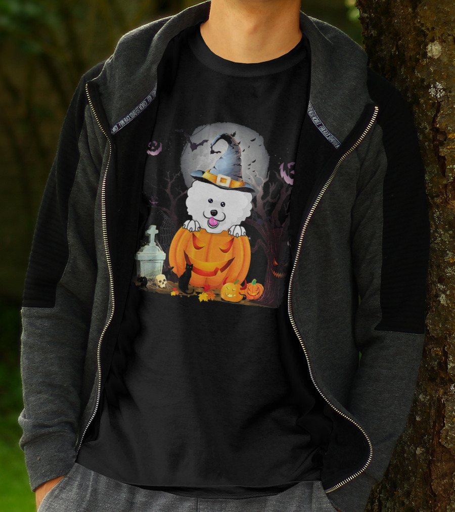 Bichon Frise Dog In Witch Hat With Halloween Pumpkin And Black Cat T-Shirt