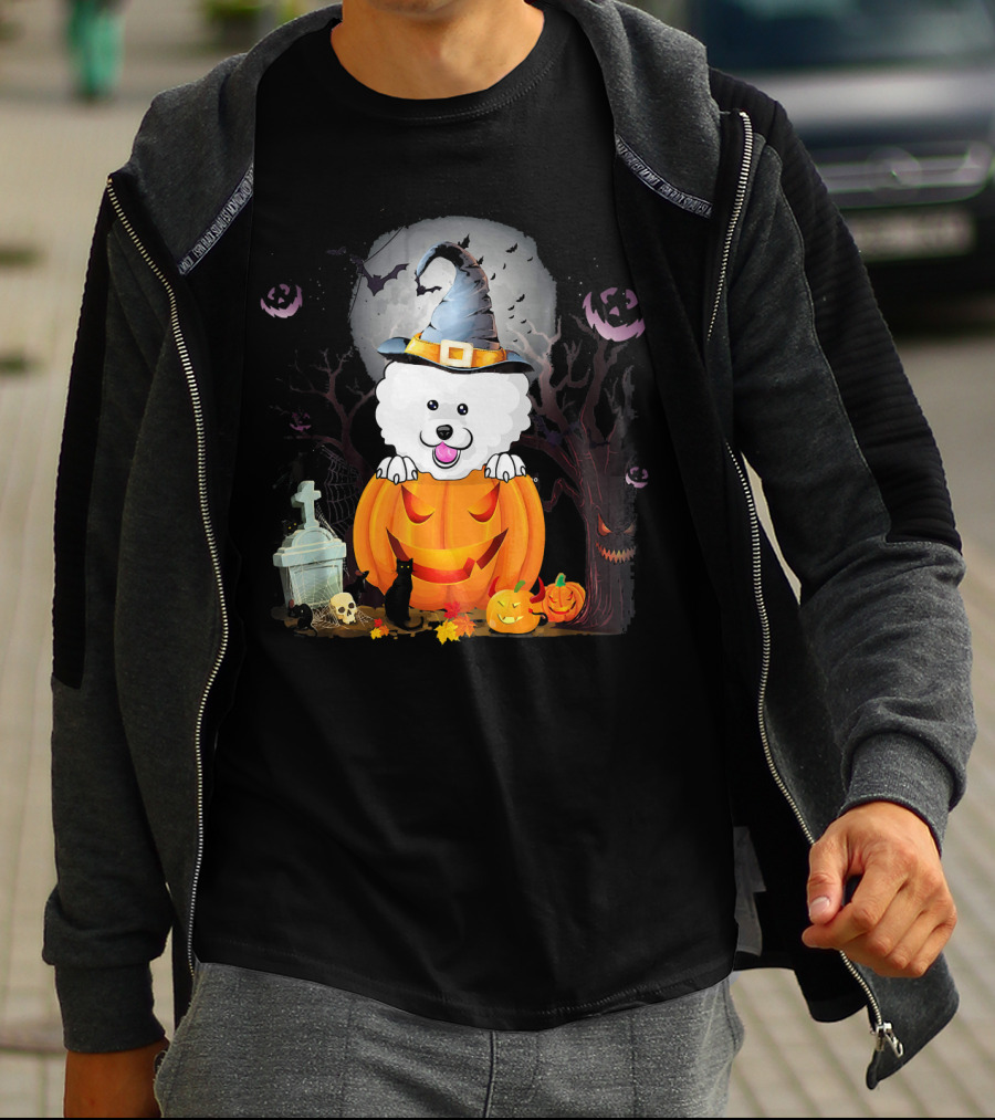Bichon Frise Dog In Witch Hat With Halloween Pumpkin And Black Cat T-Shirt