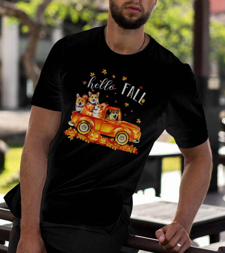 Hello Fall Corgis In Truck With Pumpkins And Leaves T-Shirt