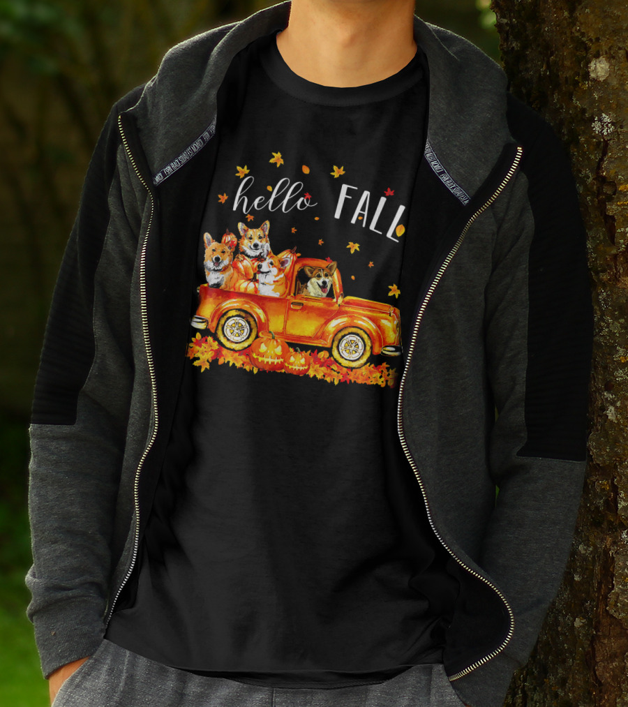 Hello Fall Corgis In Truck With Pumpkins And Leaves T-Shirt
