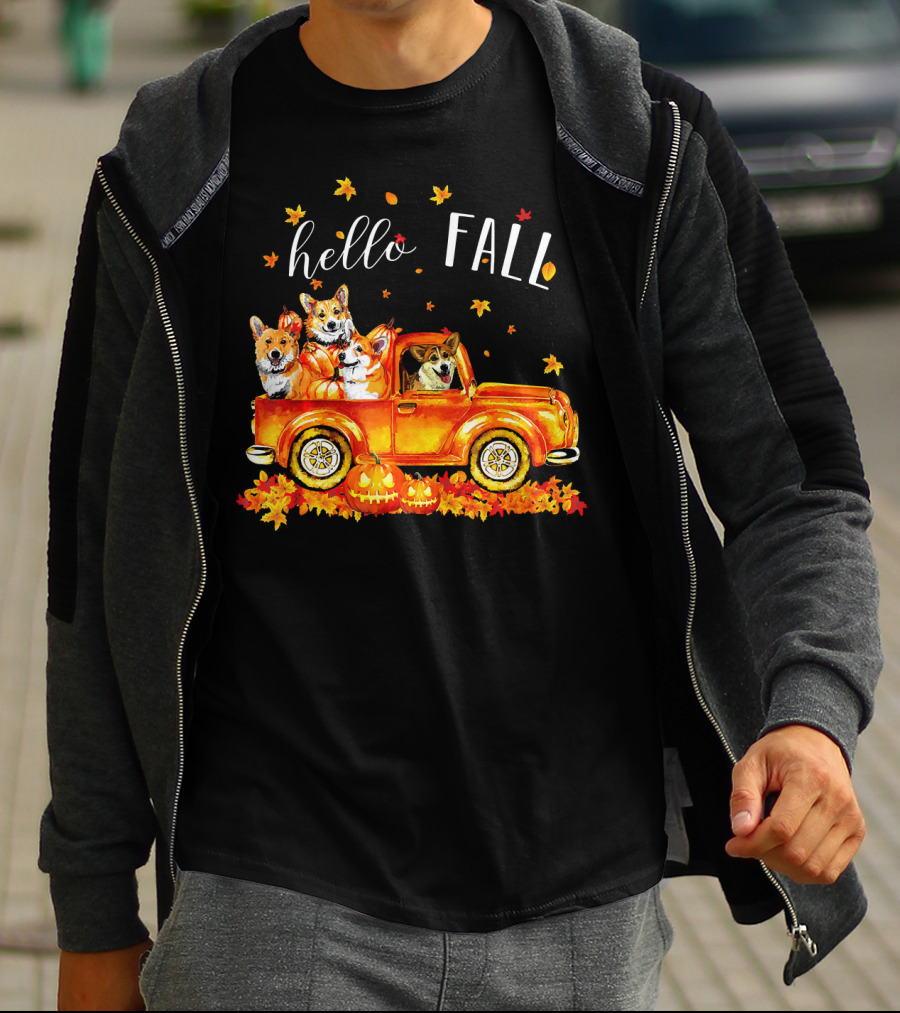 Hello Fall Corgis In Truck With Pumpkins And Leaves T-Shirt
