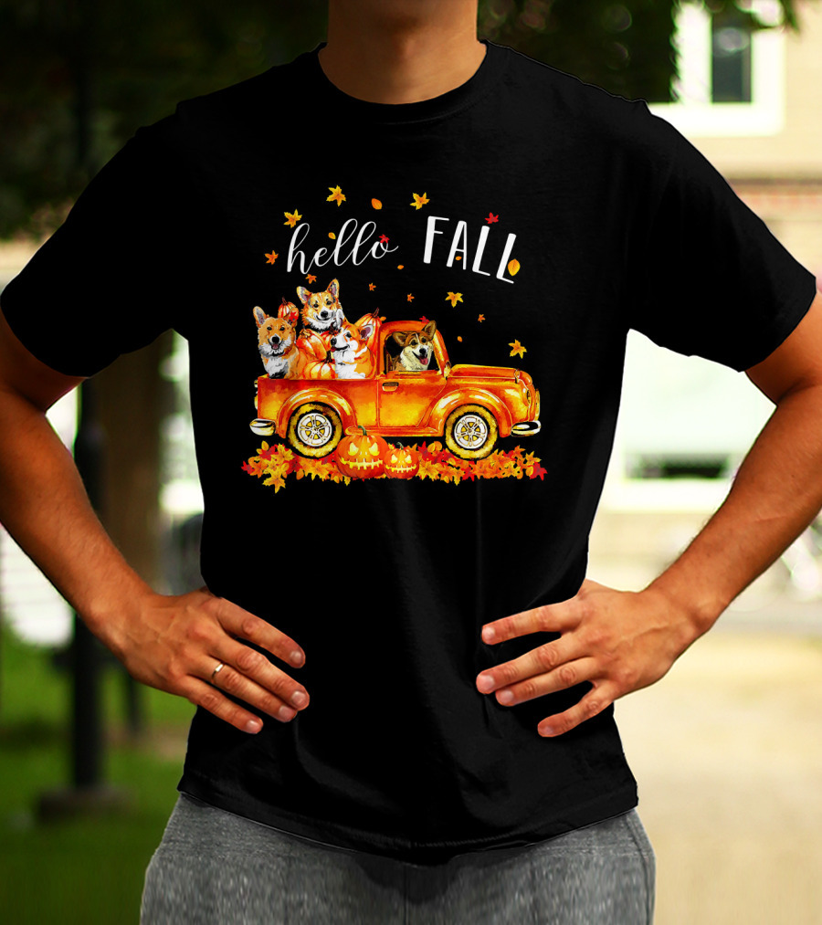 Hello Fall Corgis In Truck With Pumpkins And Leaves T-Shirt