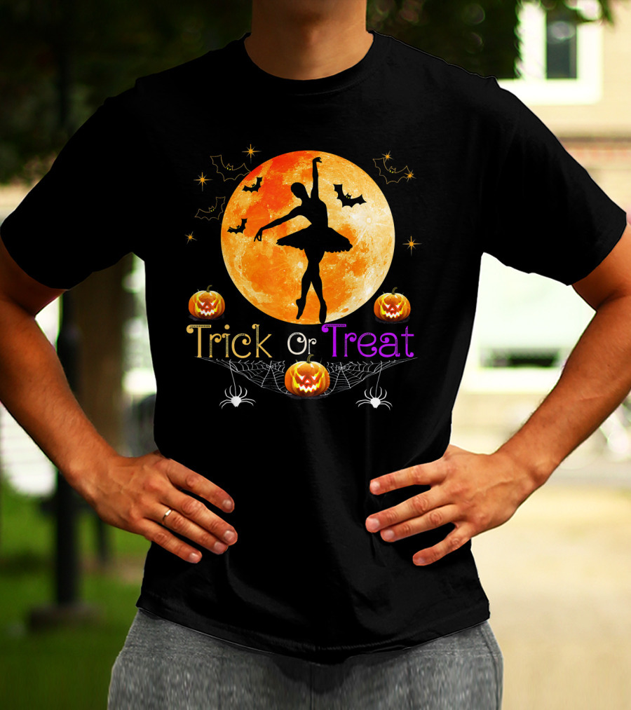 Trick Or Treat Ballerina Halloween Moon Pumpkins Bats Spiders T-Shirt