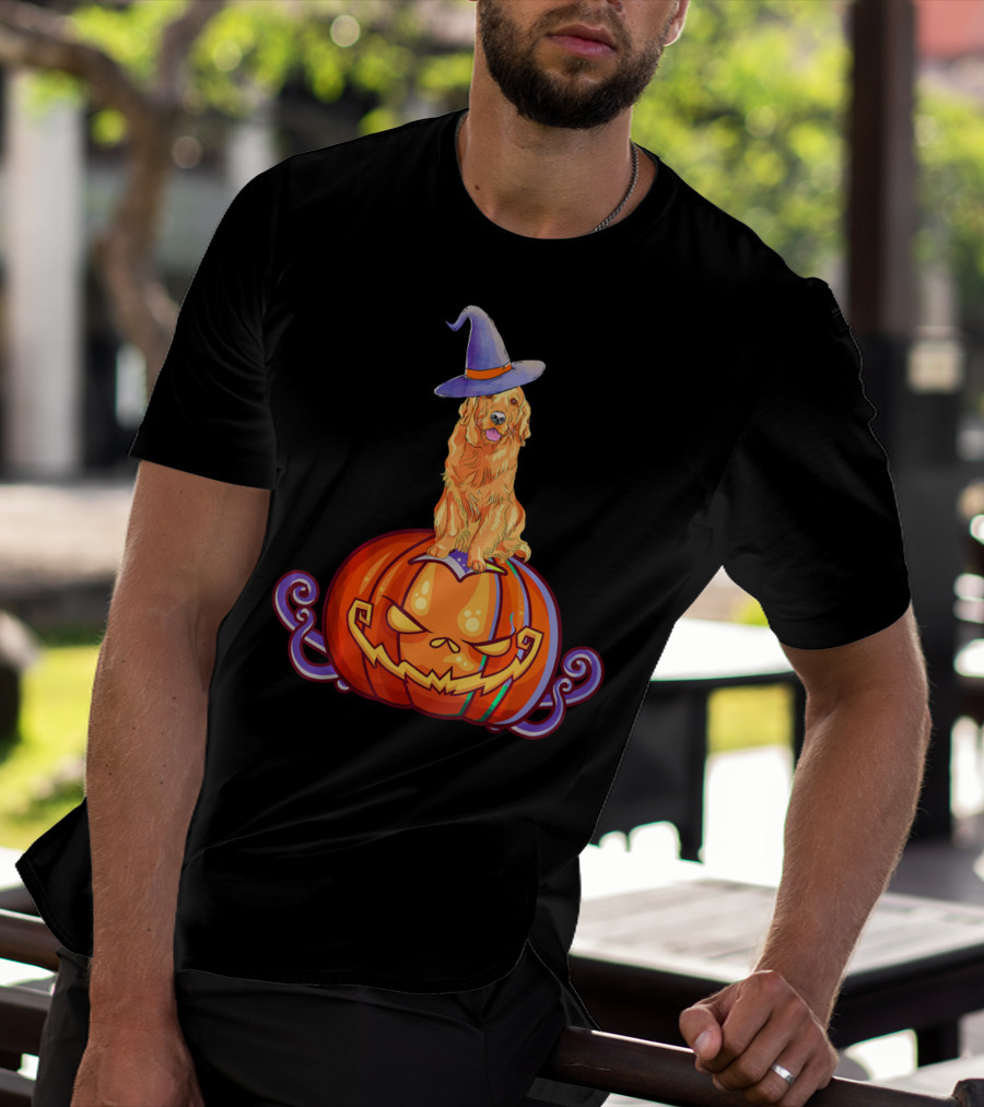 Golden Retriever Halloween Pumpkin Witch Hat T-Shirt