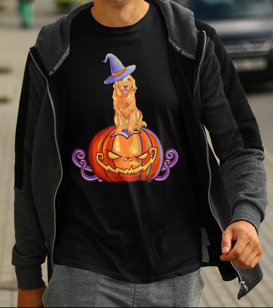 Golden Retriever Halloween Pumpkin Witch Hat T-Shirt