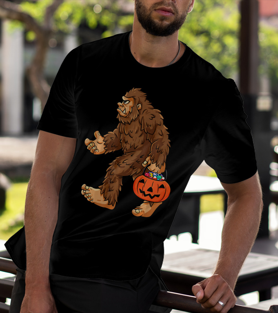 Bigfoot Carrying Jack O Lantern Halloween Candy T-Shirt