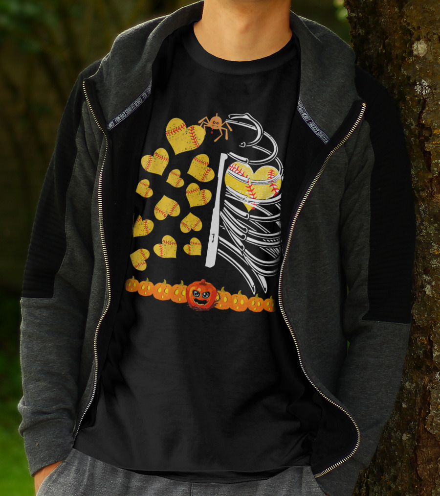 Funny Halloween Skeleton Softball Hearts Pumpkins Spider T-Shirt
