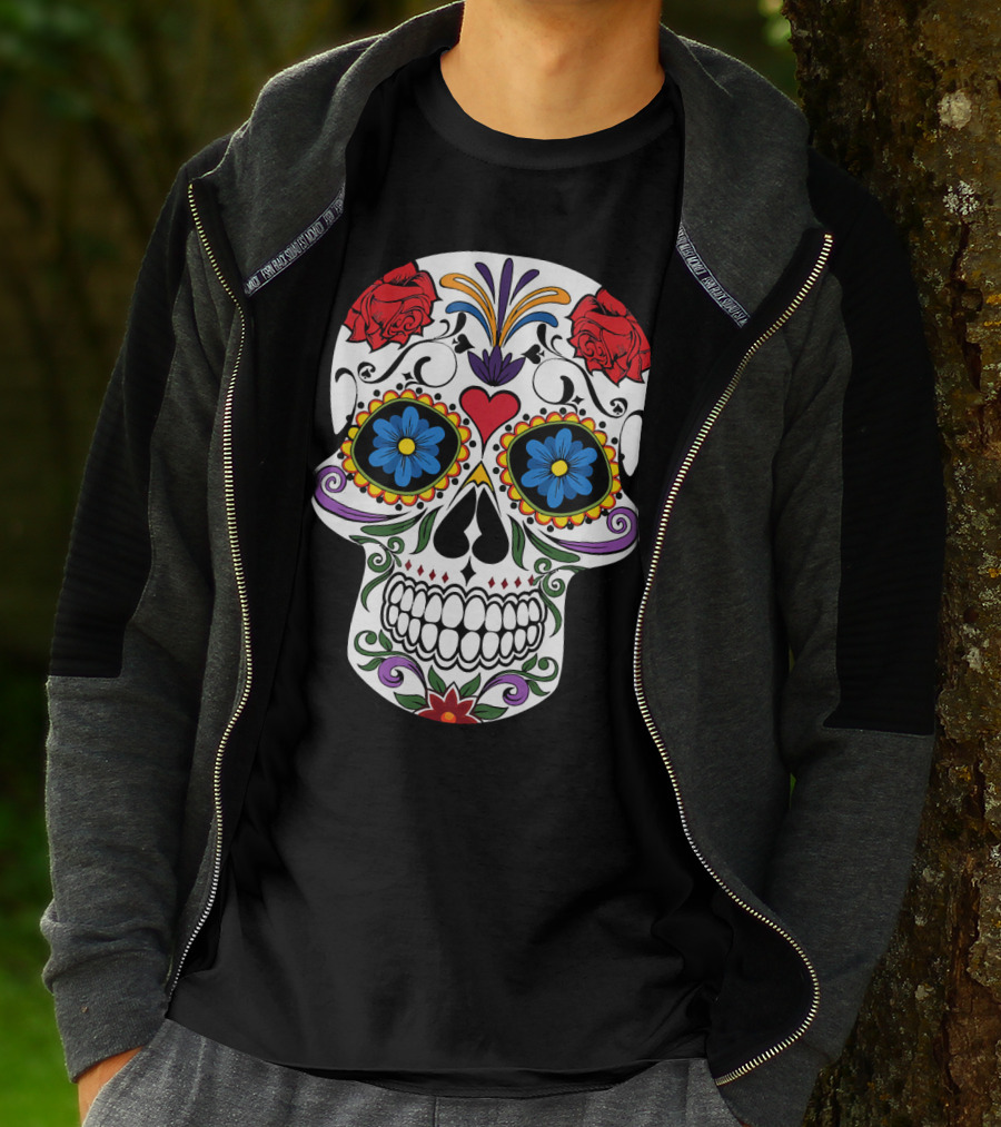 Day Of Dead Sugar Skull With Roses And Flowers T-Shirt