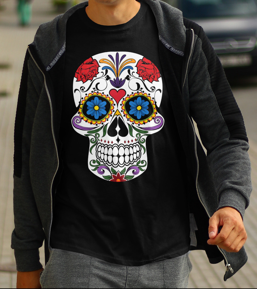 Day Of Dead Sugar Skull With Roses And Flowers T-Shirt