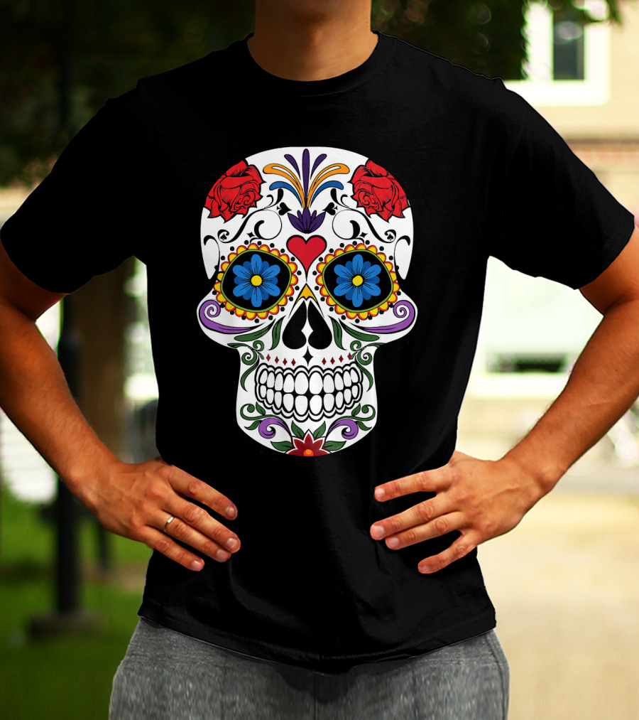 Day Of Dead Sugar Skull With Roses And Flowers T-Shirt