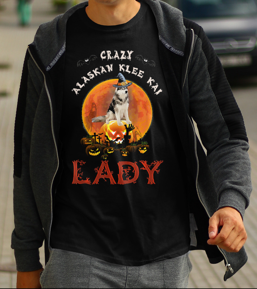 Crazy Alaskan Klee Kai Lady Halloween Moon Pumpkin Graveyard T-Shirt