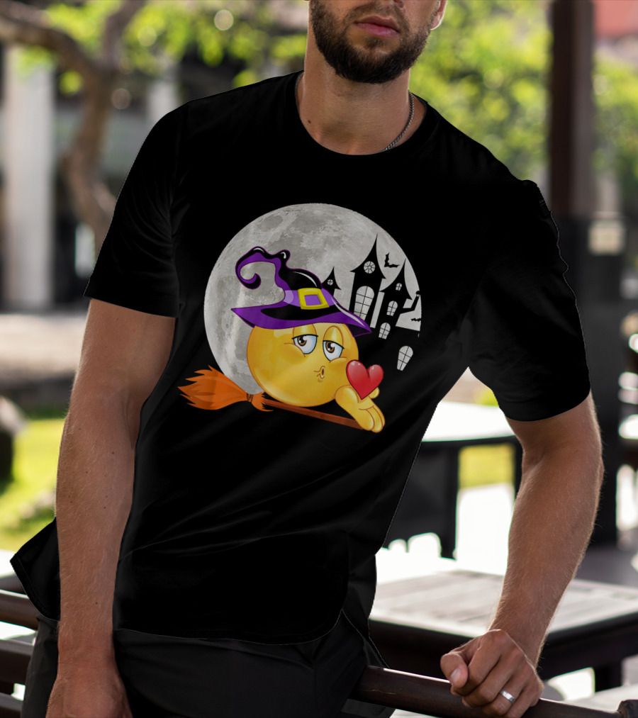 Kissing Face Emoji Witch Hat Broomstick With Heart In Front Of Spooky House And Full Moon T-Shirt