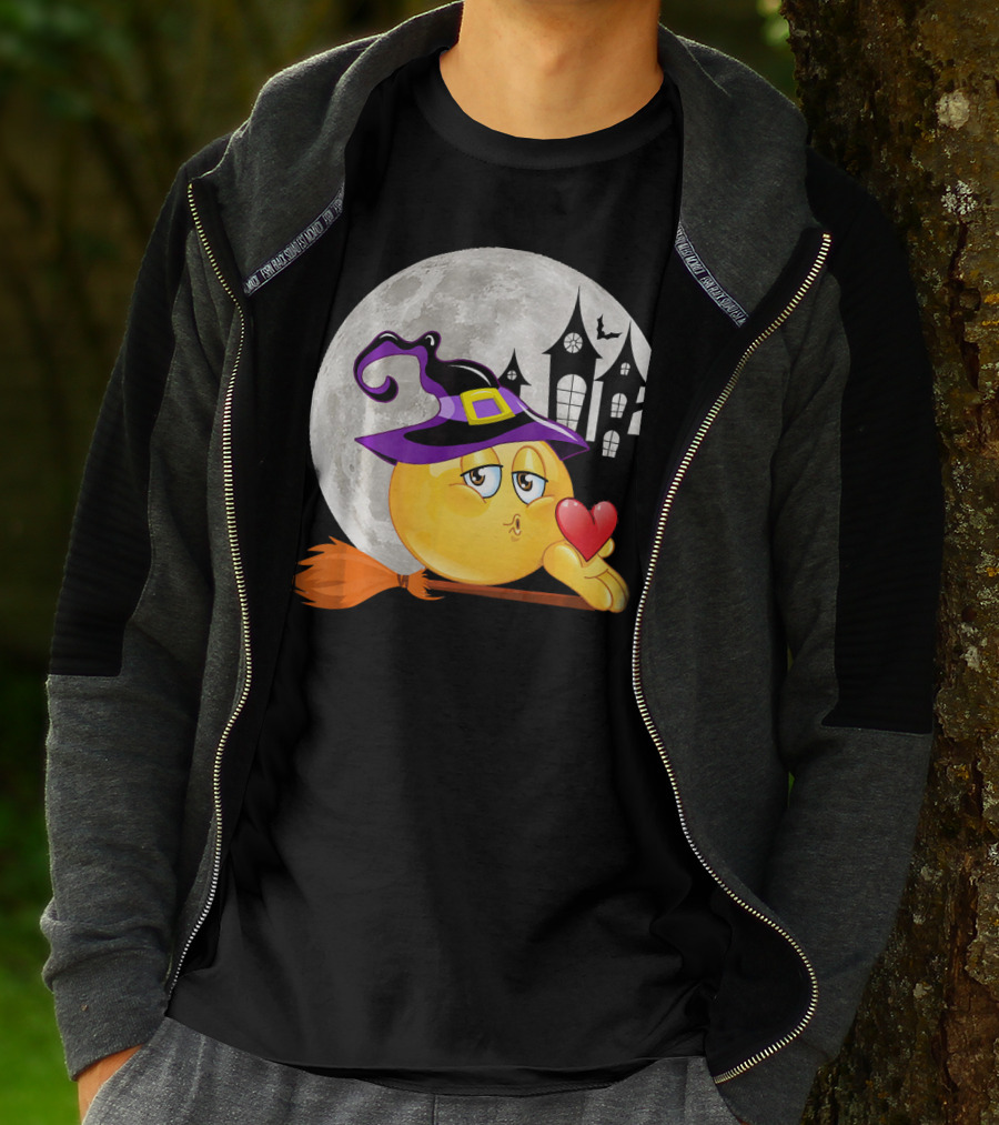 Kissing Face Emoji Witch Hat Broomstick With Heart In Front Of Spooky House And Full Moon T-Shirt